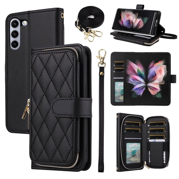Furiet Wallet Case for Samsung Galaxy Z Fold 5 5G 2023 with Wrist Strap, Crossbody Shoulder Strap, 9+ Card Slots Zipper Purse, Luxury PU Leather Stand Cell Phone Cover for ZFold5 Z5 G Fold5 5Z Black