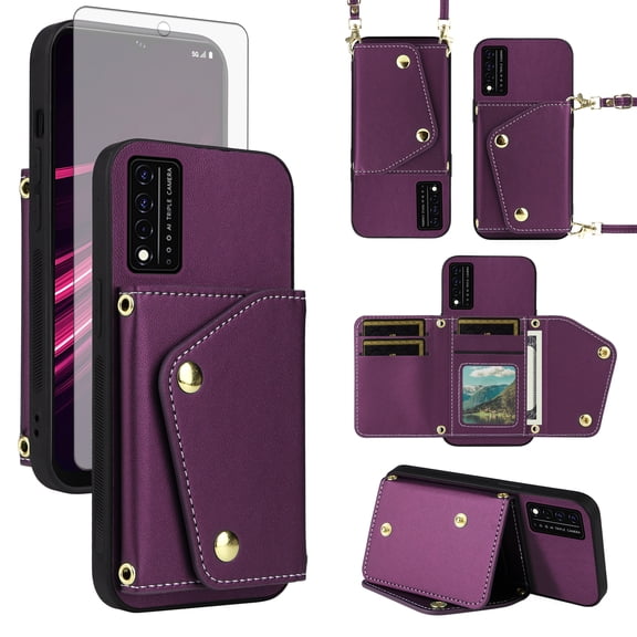 Furiet Wallet Case for T-Mobile Revvl V 5G Tempered Glass Flip Purse Shoulder Strap Card Holder Stand Phone Cover for Tmobile RevvlV 5G T Mobile Revell V 5G TCL Revel V Plus G5 2021 Deep Purple