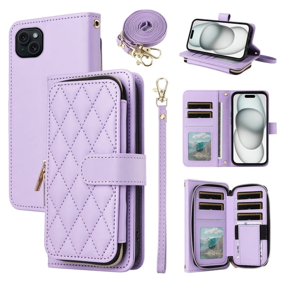 Furiet Wallet Case for iPhone 14 Plus 6.7 inch with Wrist/Shoulder Strap, 9+ Card Slots Luxury PU Leather Stand Cell Phone Cover for i-Phone 14+ iPhone14Plus 5G i i14 + iPhone14 14Plus Women Purple