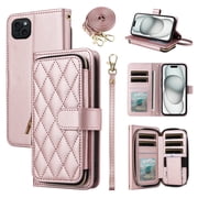 Furiet Wallet Case for iPhone 14 Plus 6.7 inch & Wrist/Shoulder Strap, Card Slots Luxury PU Leather Stand Cell Phone Cover for i-Phone 14+ iPhone14Plus 5G i i14 + iPhone14 14Plus Women Rose Gold