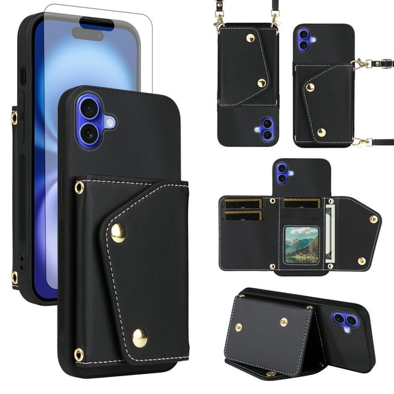 Furiet Wallet Case for iPhone 16 6.1 inch with Tempered Glass Screen Protector Slim Purse Shoulder Strap Luxury PU Leather Card Holder Stand Phone Cover for i Phone16 i16 16Case Women Men Black