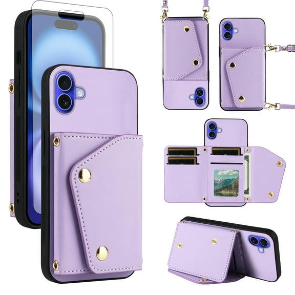 Furiet Wallet Case for iPhone 16 Plus 6.7 inch & Tempered Glass Screen Protector Slim Purse Shoulder Strap, Luxury PU Leather Card Holder Stand Phone Cover for i Phone16 16  i16   16Plus Purple