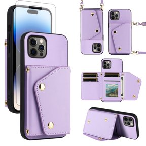 Furiet Wallet Case for iPhone 16 Pro 6.3 inch with Tempered Glass Screen Protector Slim Flip Purse Shoulder Strap, Luxury PU Leather Card Holder Stand Phone Cover for i Phone16 i16 16Pro Purple