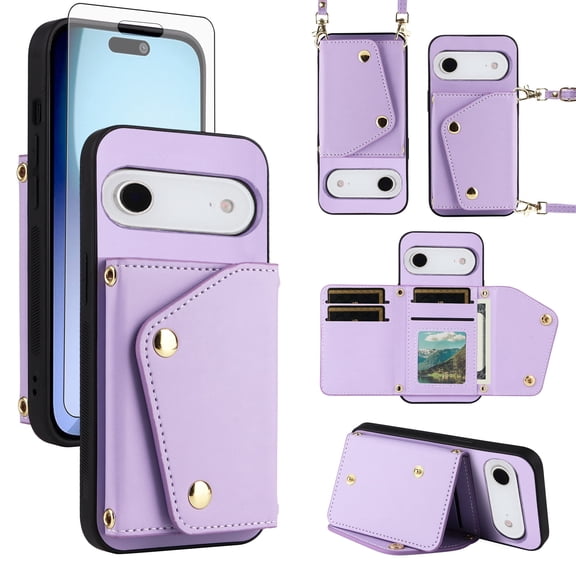Furiet Wallet Case for iPhone 17 Air 6.5 inch with Tempered Glass Screen Protector Slim Flip Purse Shoulder Strap, Luxury PU Leather Card Holder Stand Phone Cover for i Phone17 i17 17Air Purple