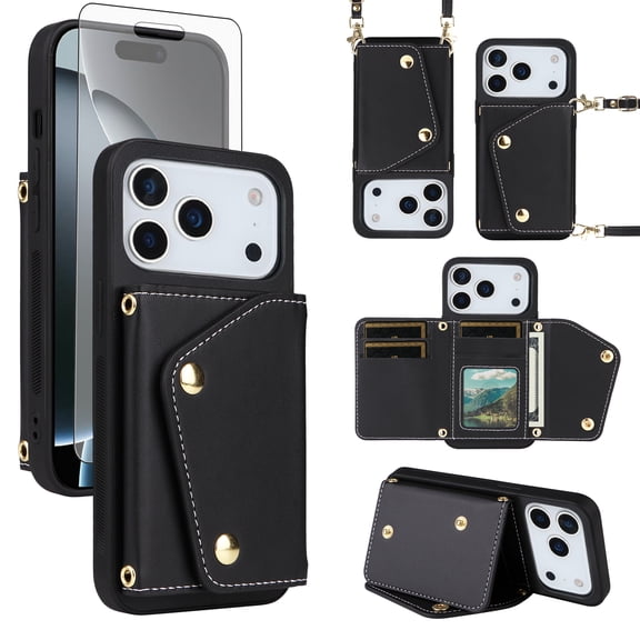 Furiet Wallet Case for iPhone 17 Pro 6.3 inch with Tempered Glass Screen Protector Slim Flip Purse Shoulder Strap, Luxury PU Leather Card Holder Stand Phone Cover for i Phone17 i17 17Pro Black