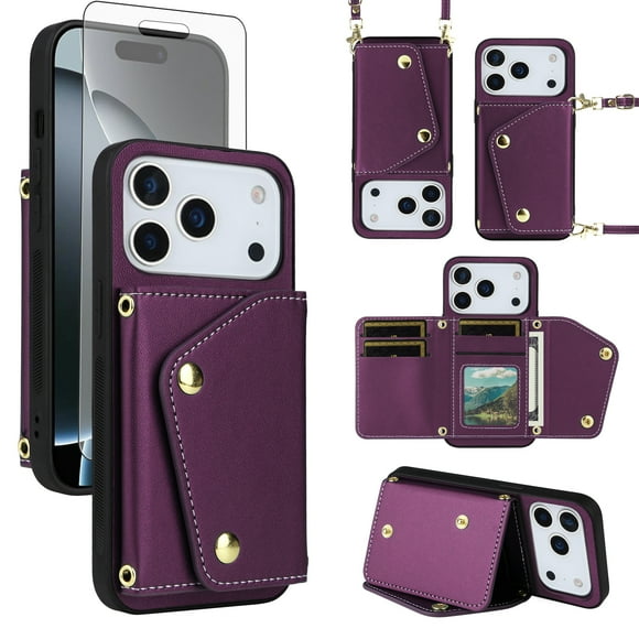 Furiet Wallet Case for iPhone 17 Pro 6.3 inch with Tempered Glass Screen Protector Slim Flip Purse Shoulder Strap, Luxury PU Leather Card Holder Stand Phone Cover for i Phone17 i17 17Pro Deep Purple