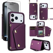 Furiet Wallet Case for iPhone 17 Pro Max 6.9 inch with Tempered Glass Screen Protector Slim Flip Purse Shoulder Strap Card Holder Stand Phone Cover for i Phone17 17Pro i17 ProMax 17ProMax Deep Purple