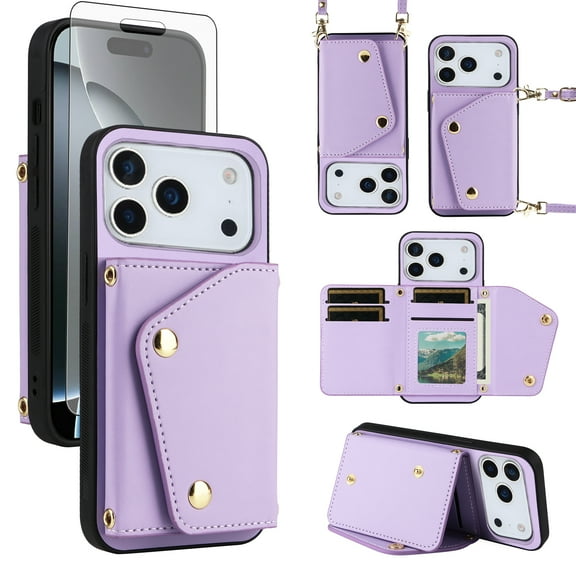 Furiet Wallet Case for iPhone 17 Pro Max 6.9 inch with Tempered Glass Screen Protector Slim Flip Purse Shoulder Strap Card Holder Stand Phone Cover for i Phone17 17Pro i17 ProMax 17ProMax Purple