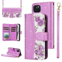 Furiet for iPhone 14 Plus 6.7 inch Floral Wallet Case with Flip Zipper Purse Wrist/Shoulder Strap Card Holder Stand Phone Cover for i-Phone 14  iPhone14Plus 5G i i14   iPhone14 14Plus Women Purple