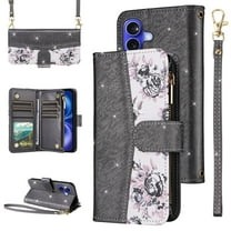 Furiet for iPhone 16 6.1 inch Floral Wallet Case with Flip Zipper Purse Wrist/Shoulder Strap, Luxury Glitter PU Leather Card Holder Stand Cell Phone Cover for i Phone16 i16 16Case Women Black