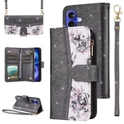 Furiet for iPhone 16 Plus 6.7 inch Floral Wallet Case with Flip Zipper Purse Wrist/Shoulder Strap, PU Leather Card Holder Stand Accessories Phone Cover for i Ph