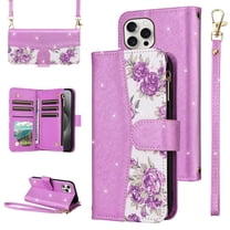 Furiet for iPhone 16 Pro 6.3 inch Floral Wallet Case with Flip Zipper Purse Wrist/Shoulder Strap, Luxury Glitter PU Leather Card Holder Stand Cell Phone Cover for i Phone16 i16 16Pro Women Purple