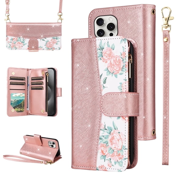 Furiet for iPhone 16 Pro Max 6.9 inch Floral Wallet Case with Flip Zipper Purse Wrist/Shoulder Strap, PU Leather Card Holder Stand Phone Cover for i Phone16 16Pro i16 ProMax 16ProMax Women Rose Gold