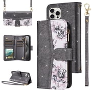 Furiet for iPhone 16 Pro Max 6.9 inch Floral Wallet Case with Flip Zipper Purse Wrist/Shoulder Strap, PU Leather Card Holder Stand Phone Cover for i Phone16 16P