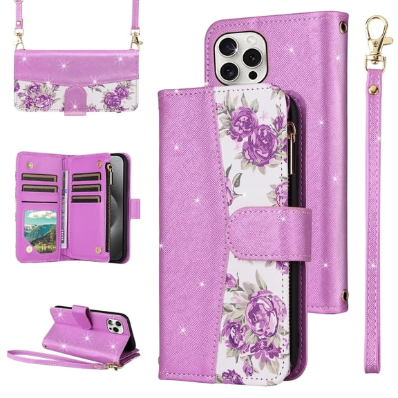 Furiet for iPhone 16 Pro Max 6.9 inch Floral Wallet Case with Flip Zipper Purse Wrist/Shoulder Strap, PU Leather Card Holder Stand Phone Cover for i Phone16 16Pro i16 ProMax 16ProMax Women Purple