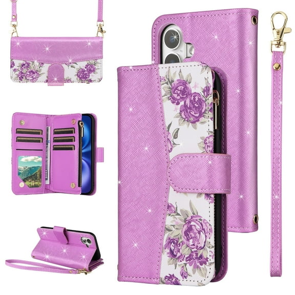 Furiet for iPhone 17 6.3 inch Floral Wallet Case with Flip Zipper Purse Wrist/Shoulder Strap, Luxury PU Leather Card Holder Stand Accessories Cell Phone Cover for i Phone17 i17 17Case Women Purple