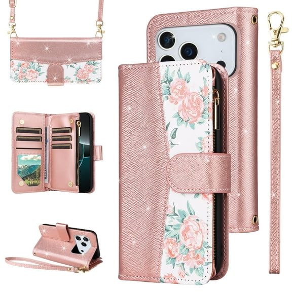 Furiet for iPhone 17 Pro 6.3 inch Floral Wallet Case with Flip Zipper Purse Wrist/Shoulder Strap, Luxury Glitter PU Leather Card Holder Stand Cell Phone Cover for i Phone17 i17 17Pro Women Rose Gold