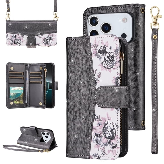 Furiet for iPhone 17 Pro Max 6.9 inch Floral Wallet Case with Flip Zipper Purse Wrist/Shoulder Strap, Luxury PU Leather Card Holder Stand Phone Cover for i Phone17 17Pro i17 ProMax 17ProMax Black