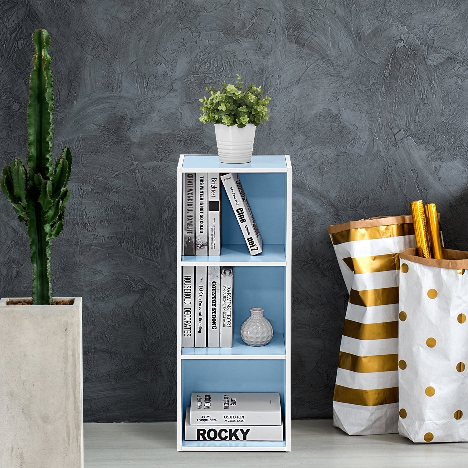 Furinno 3Tier Open Shelf Bookshelf, White/Light Blue, Engineered Particle Board  (图1)
