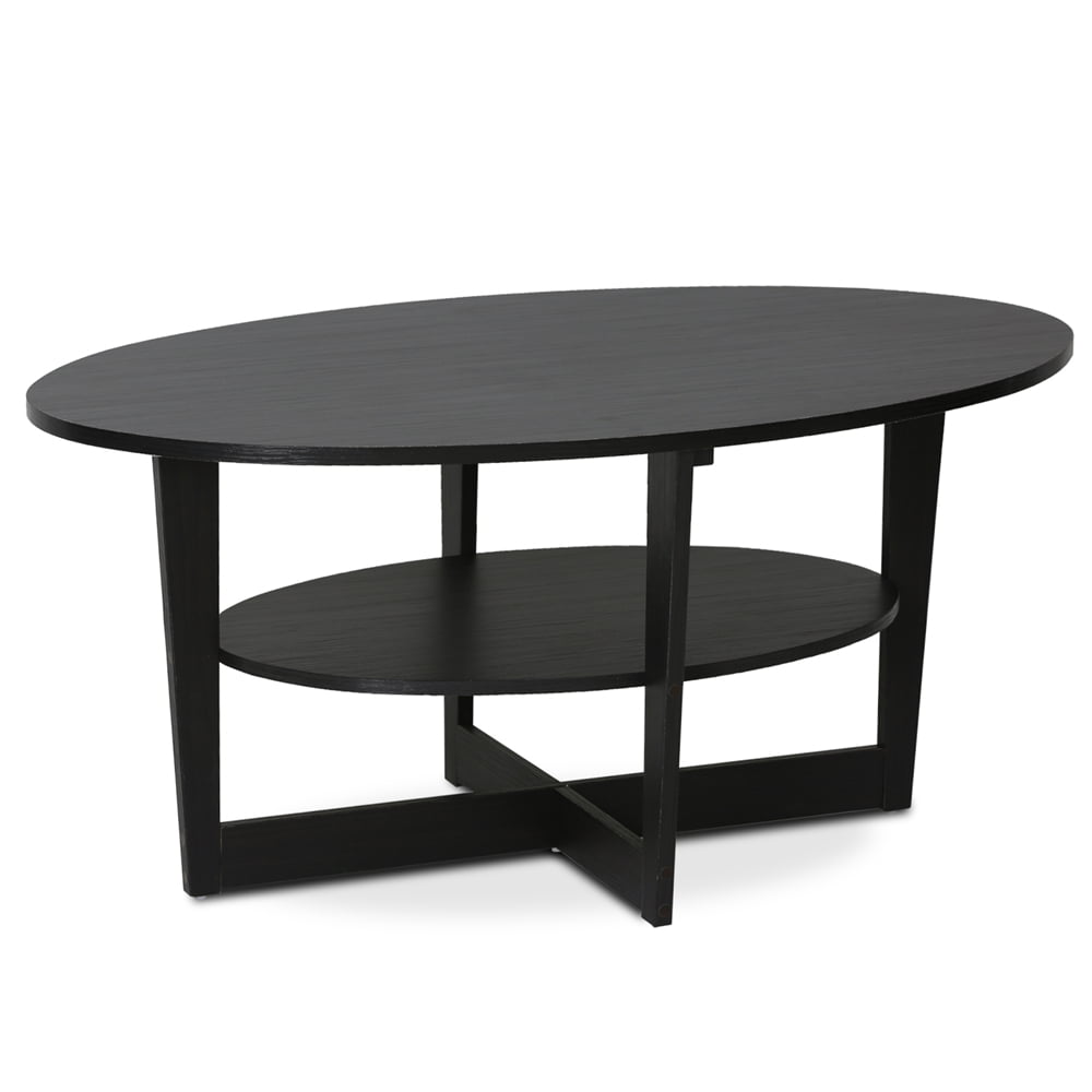 Round Dark Walnut Wood Coffee Table with Shelf