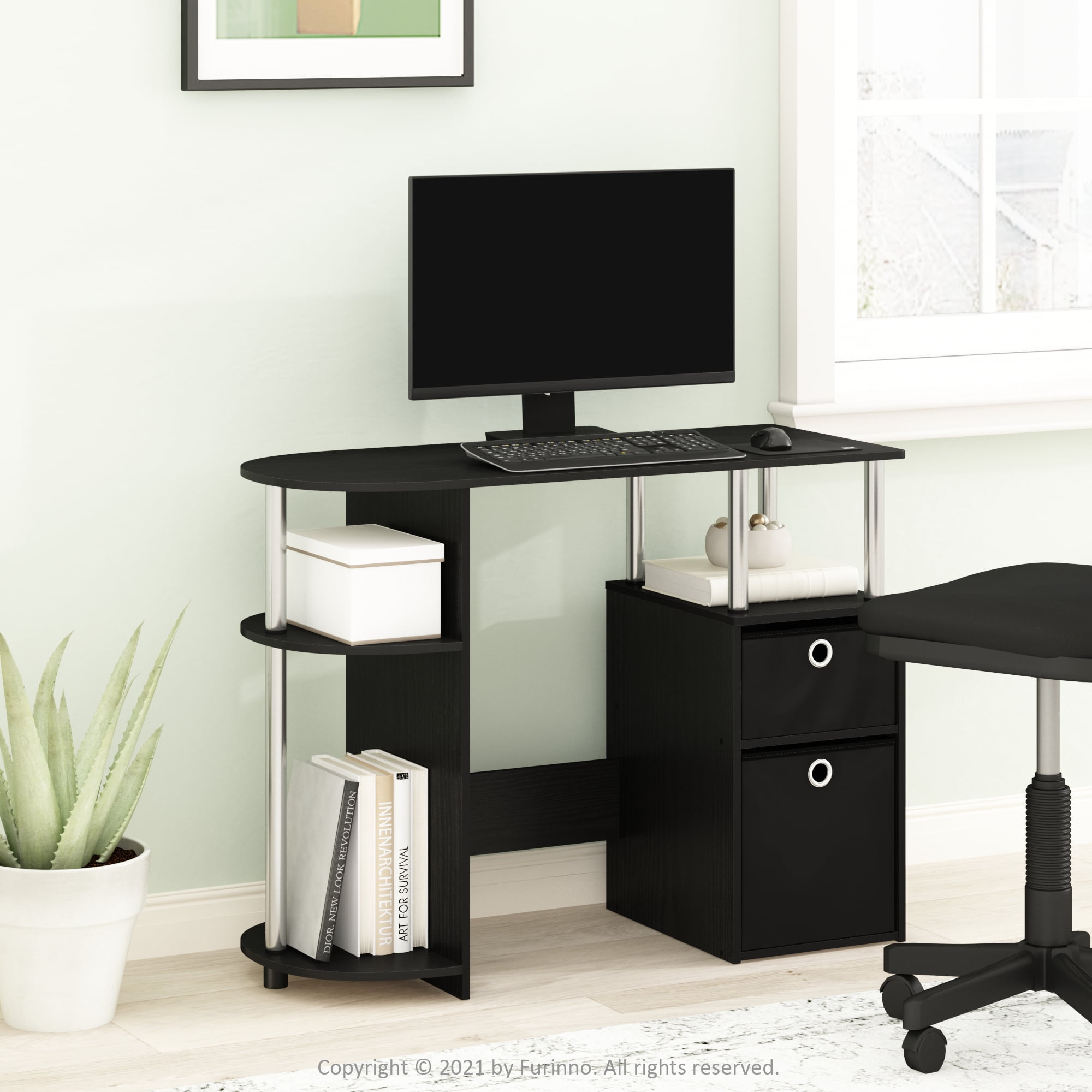 Furinno 15111 JAYA Simplistic Computer Study Desk with Bin Drawers Americano Stainless Steel Tubes