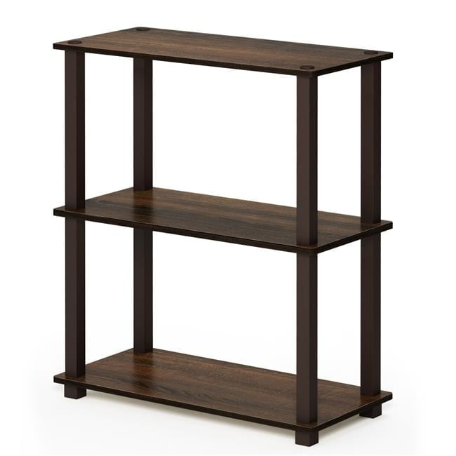 Walnut Brown 3-Tier Rubberwood Bookshelf with Open Back