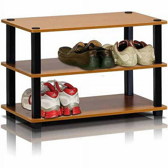 Furinno 3-Tier Turn-S-Tube No-tools Durable Shoe Rack, Plastic and Wood, Brown and Black