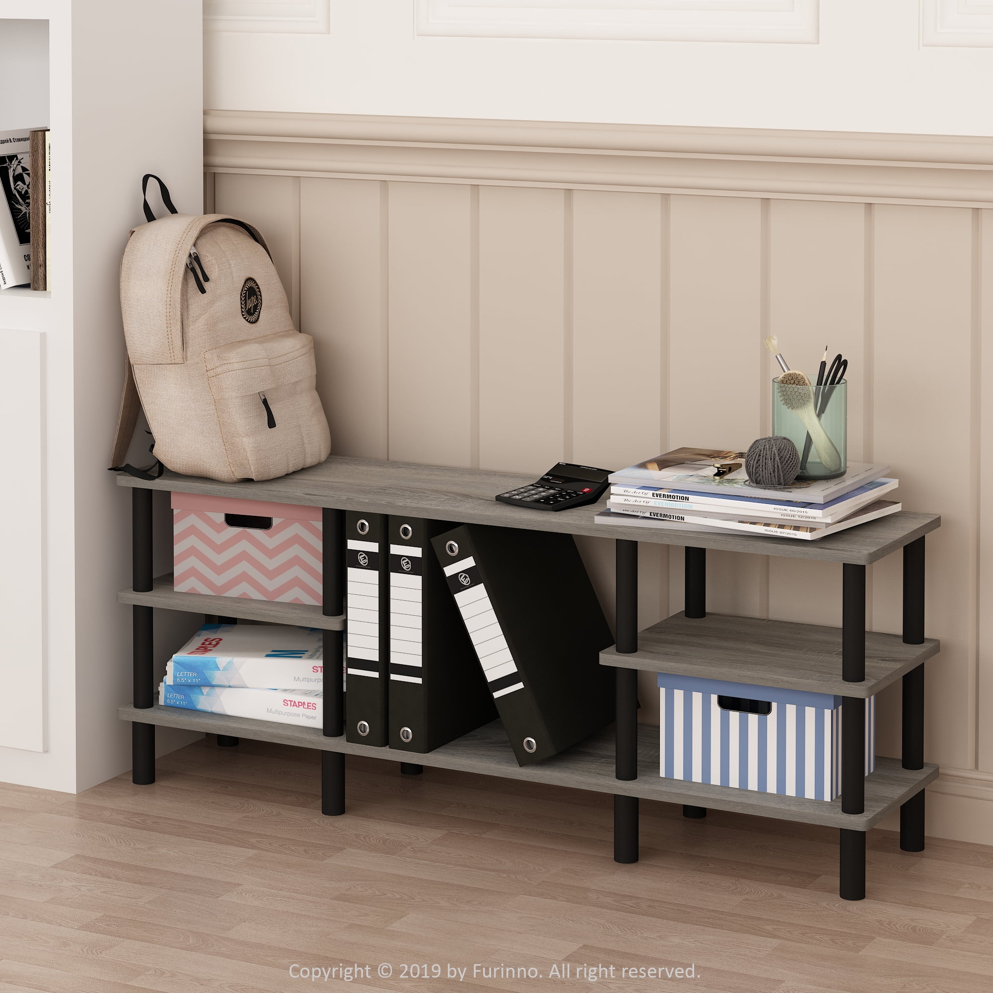 Furinno Turn-N-Tube Indoor Adjustable Shelves 3-Tiers Dimensions: 47.24"W x 11.61"D x 18.54"H, Total Capacity 40 lb, Shelf Capacity 20.00 lb, Brown, 1 Pack