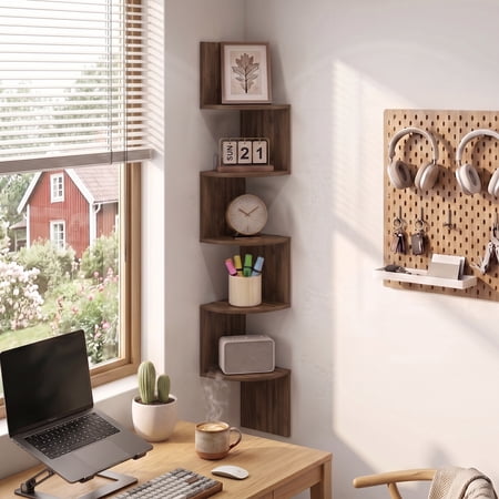 Furinno 5-Tier Floating Corner Shelf, Wall Mount Shelves for Storage and Display, Columbia Walnut