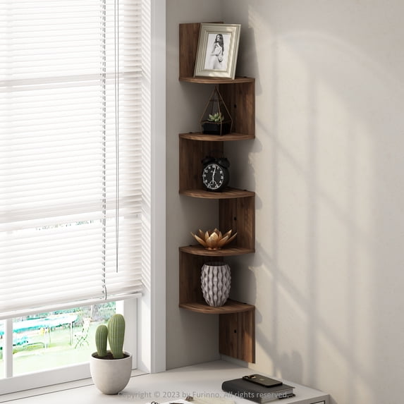 Furinno 5-Tier Floating Corner Shelf, Wall Mount Shelves for Storage and Display, Columbia Walnut