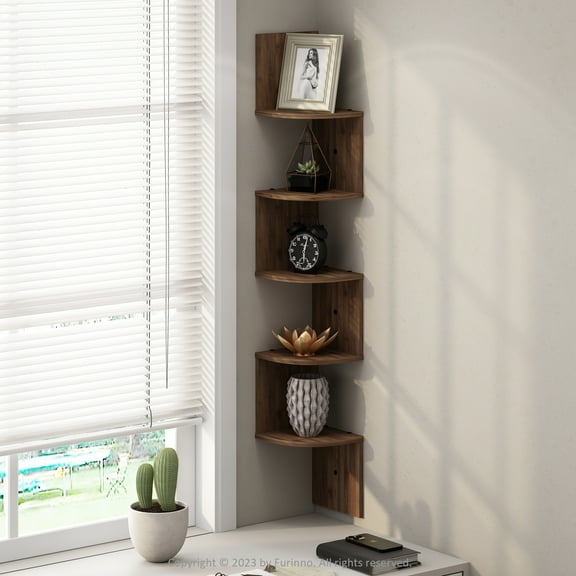 Furinno 5-Tier Floating Corner Shelf, Wall Mount Shelves for Storage and Display, Columbia Walnut