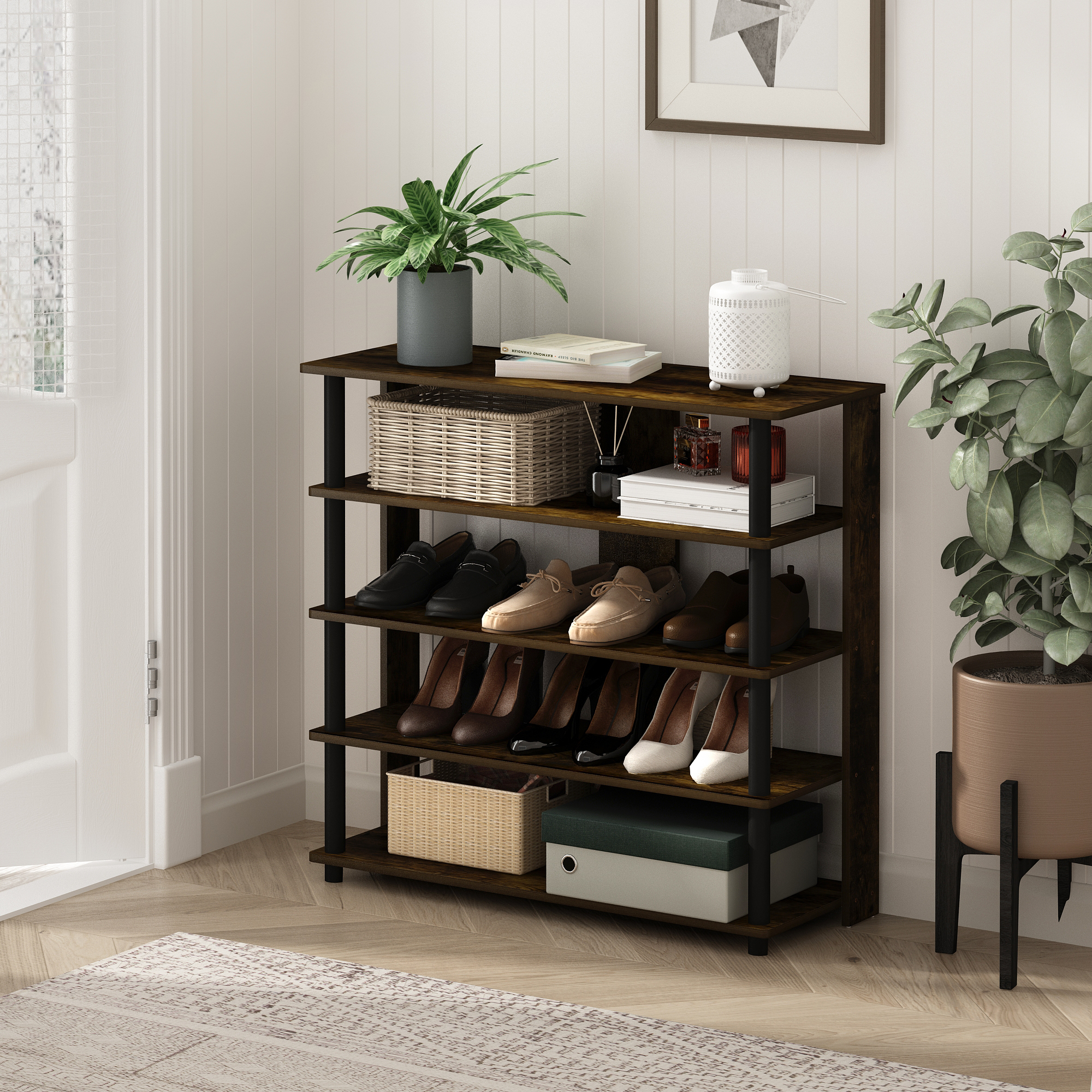 Furinno 5-Tier Turn-N-Tube Shoe Rack, Wood and Plastic, Amber Pine and Black