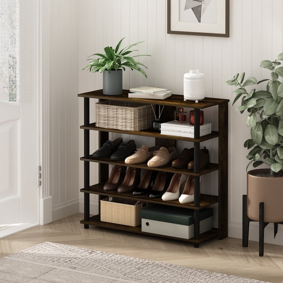 Furinno 5-Tier Turn-N-Tube Shoe Rack, Wood and Plastic, Amber Pine and Black