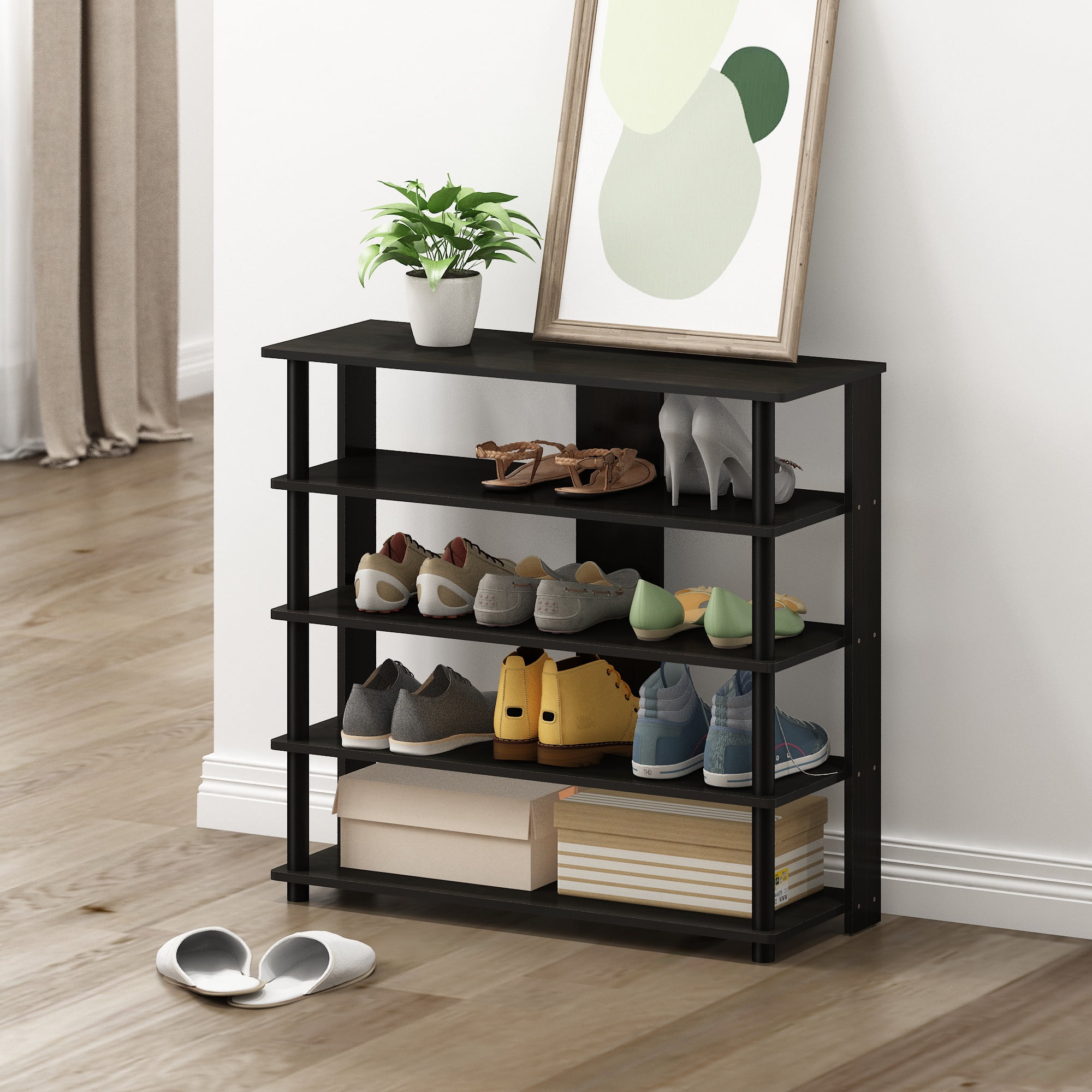 Furinno 5-Tier Turn-N-Tube Wide Shoe Rack, Wood, Brown and Black