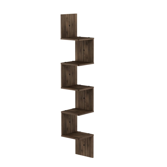 Furinno 5 Tier Wall Mount Floating Corner Square Shelf, Columbia Walnut