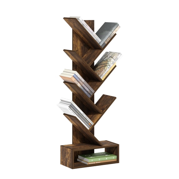 Furinno 7-Tier Tree Book Shelf with Bottom Shelf, Rustic Brown Bookshelf, Tree Bookcase, 8.4 x 16.9 x 46.2, for Living Room, Bedroom, Home Office, Amber Oak