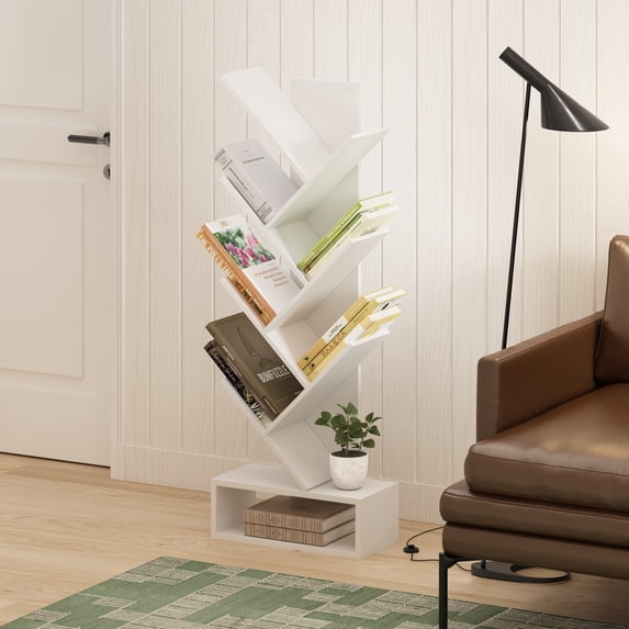 Furinno 7-Tier Tree Book Shelf with Bottom Shelf, White Bookshelf, Tree Bookcase, 8.4 x 16.9 x 46.2, for Living Room, Bedroom, Home Office, Plain White