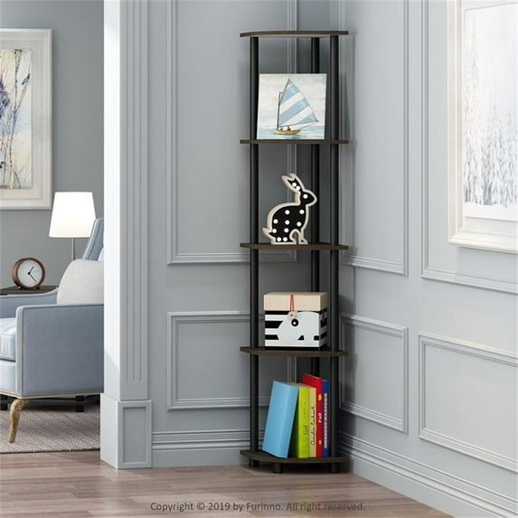 Furinno TURN-N-TUBE Wood 5 Tier Corner Display Rack in Dark Brown Grain/Black