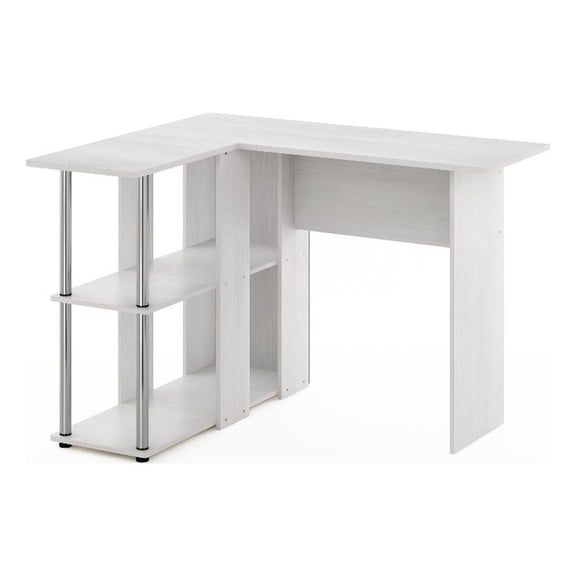 Furinno Abbott L-Shape Desk with Bookshelf in White Oak in Stainless Steel Tubes