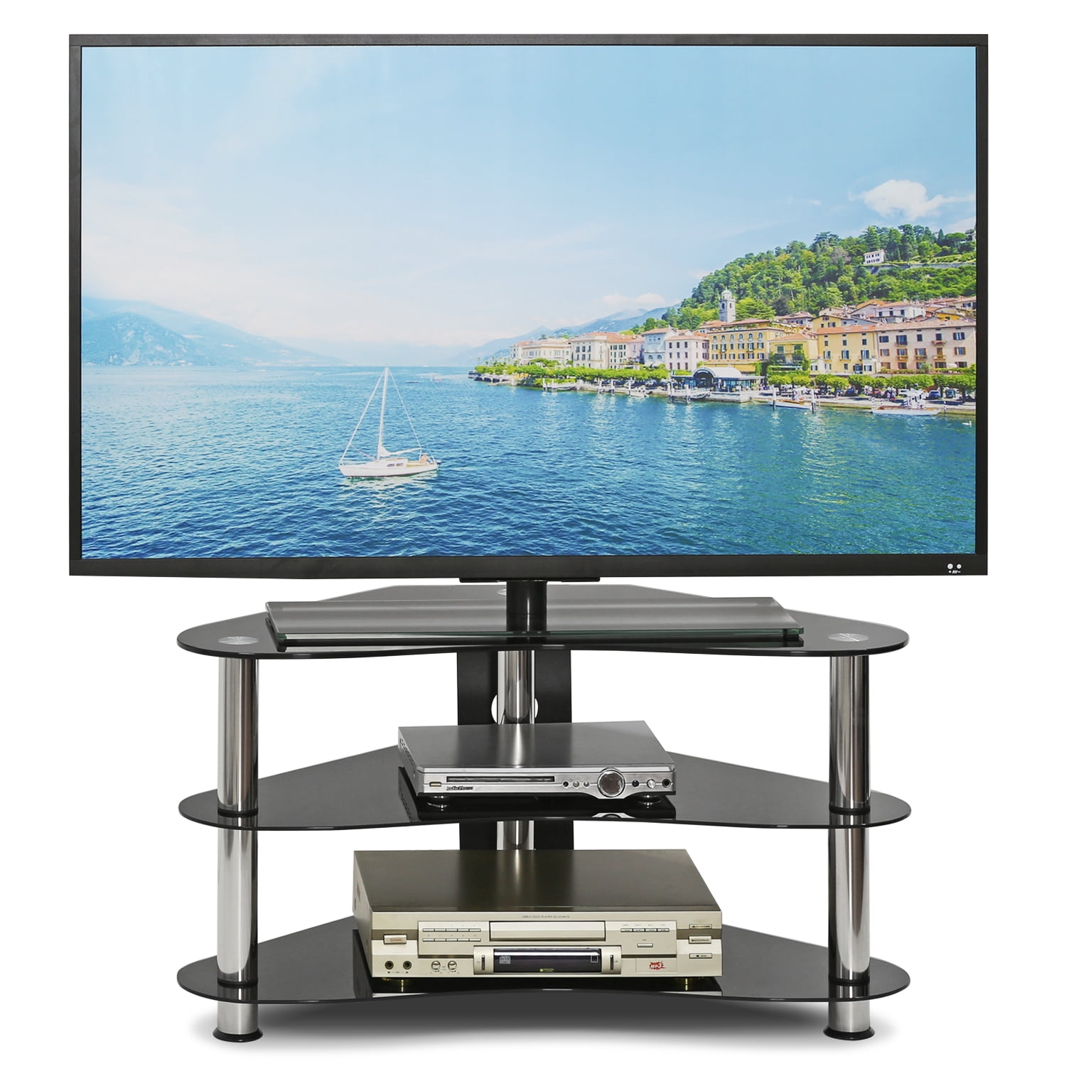 Furinno FRL16M4BK Silk Screen Glass Corner TV Stand, Black