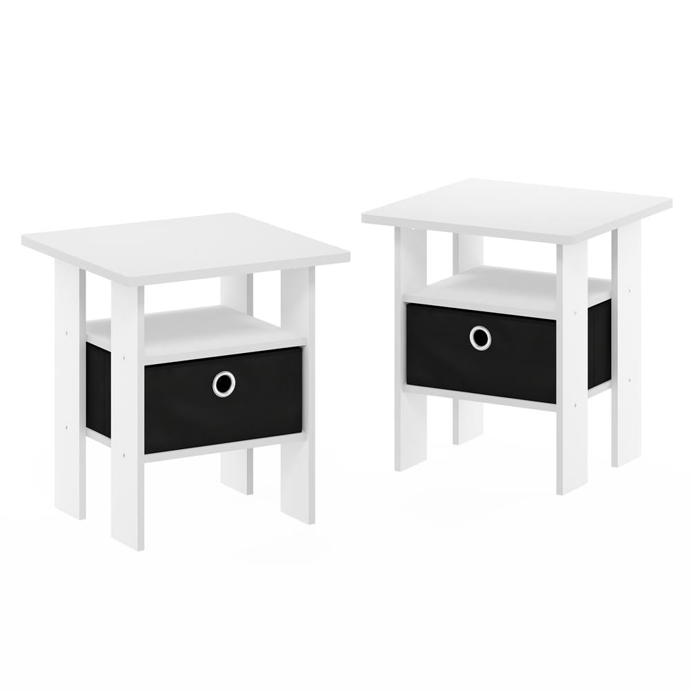 Compact White & Black End Table with Storage Bin and Shelf, Set of 2