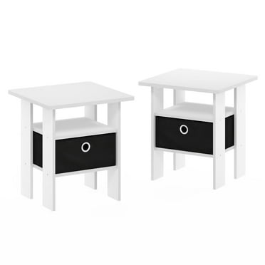 Furinno Andrey Engineered Wood End Table with Bin Drawer in White (Set of 2)