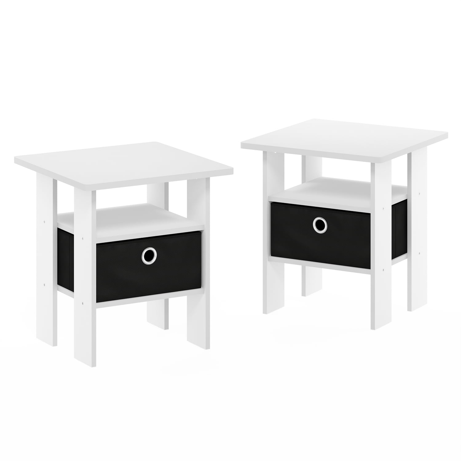 Compact White & Black End Table with Storage Bin and Shelf, Set of 2