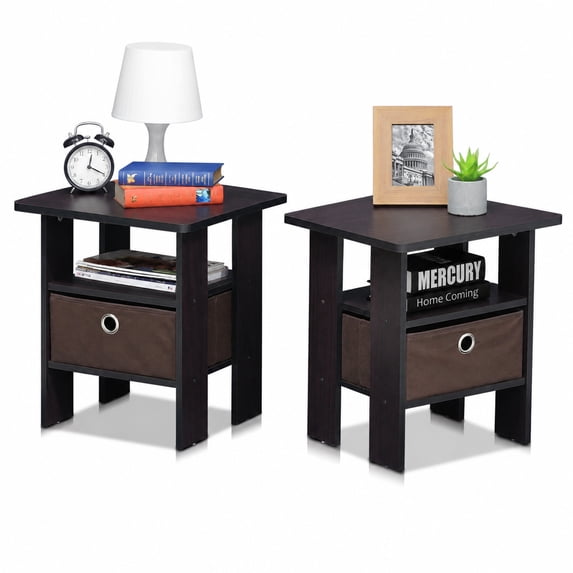 Furinno Andrey Set of 2 Side Table, Black 2-Tier End Table, Open Shelf & Storage Bin Night Stand, Bedside Table for Living Room, Bedroom, Home Office, Dark Mocha