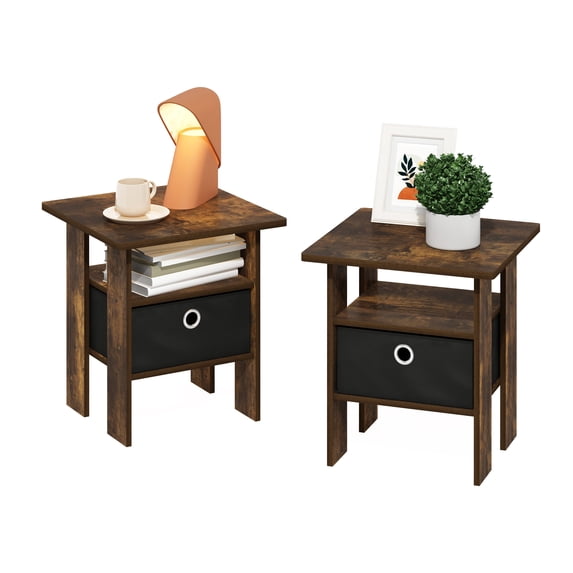 Furinno Andrey Set of 2 Side Table, Rustic Brown 2-Tier End Table, Open Shelf & Storage Bin Night Stand, Bedside Table for Living Room, Bedroom, Home Office, Amber Oak/Black