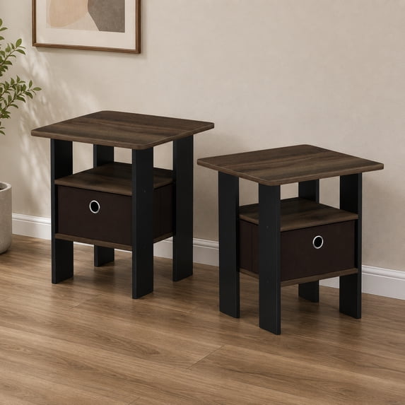 Furinno Andrey Set of 2 Side Table, Rustic Brown 2-Tier End Table, Open Shelf & Storage Bin Night Stand, Bedside Table for Living Room, Bedroom, Home Office, Brown Walnut