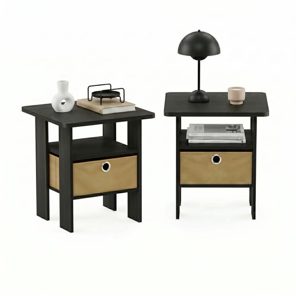 Furinno Andrey Side Table Set of 2, 2-Tier Black End Table, Open Shelf Night Stand with Storage Bin, Nightstand, for Living Room, Bedroom, Home Office, Black Espresso