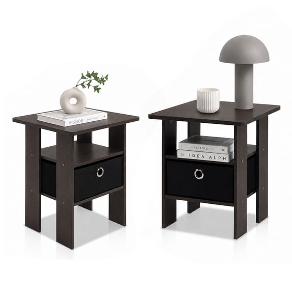 Furinno Andrey Side Table Set of 2, 2-Tier Brown End Table, Open Shelf Night Stand with Storage Bin, Nightstand, for Living Room, Bedroom, Home Office, Brown
