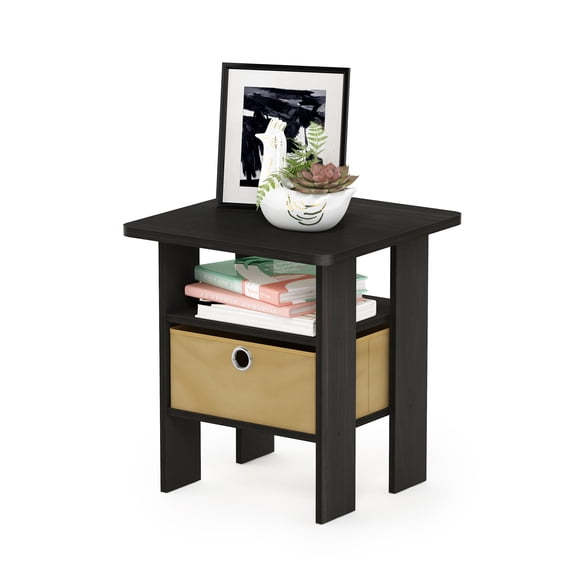 Furinno Andrey Side Table with Bin Drawer, Black End Table with Open Shelves, Night Stand, Bedside Table, for Living Room, Bedroom, Black Espresso