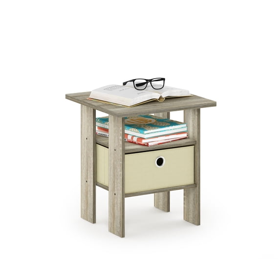 Furinno Andrey Side Table with Bin Drawer, Oak End Table with Open Shelves, Night Stand, Bedside Table, for Living Room, Bedroom, Light Oak
